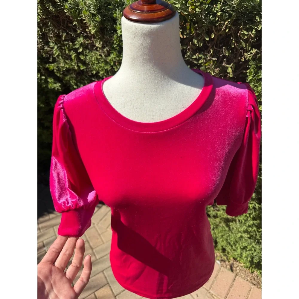 Boden Pink Velvet Puff Short Sleeve Crew Neck Top US 8 UK 12